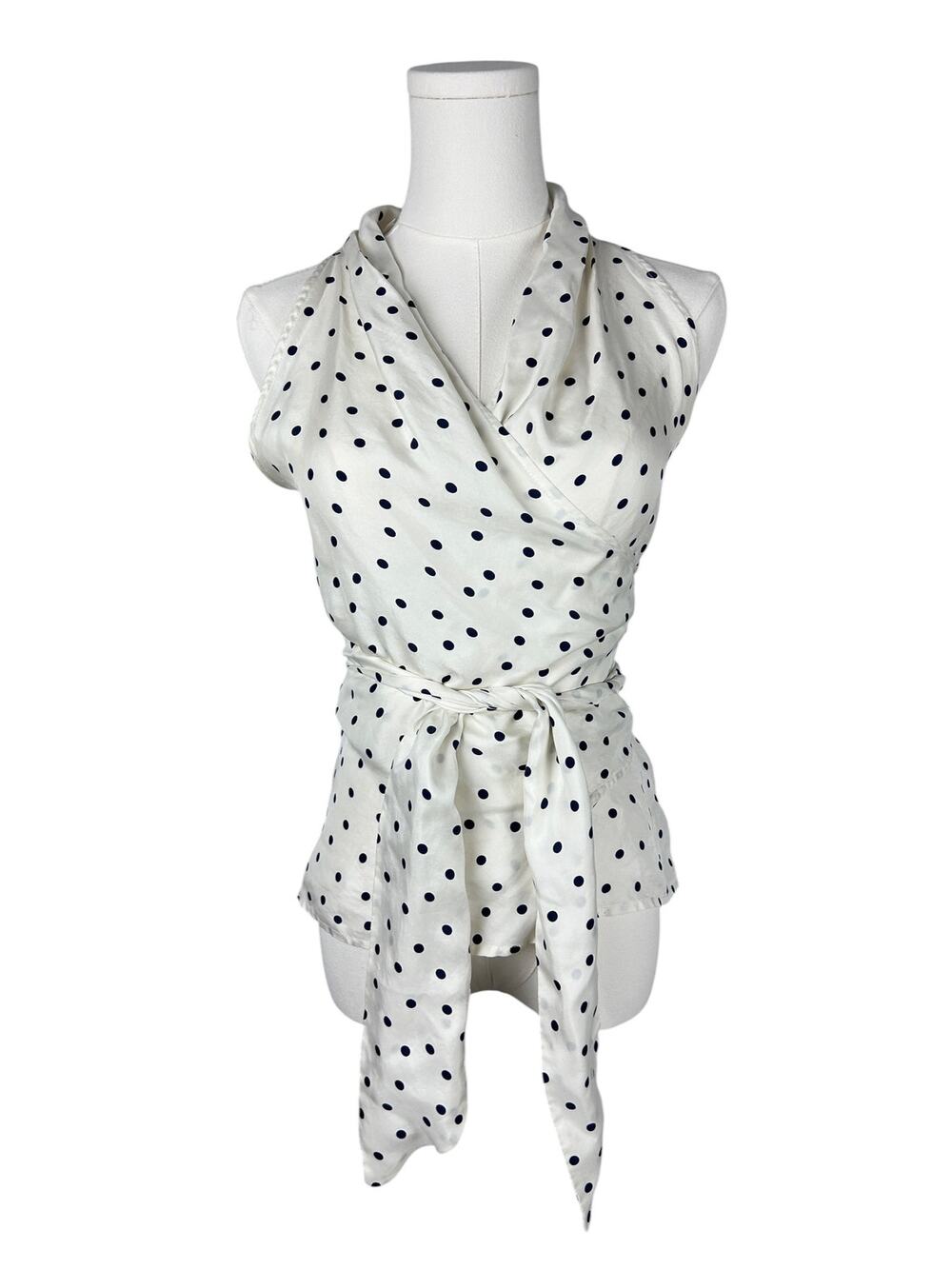 Max Mara Y2K Italian Silk White Black Polka Dot Sleeveless Wrap Top M